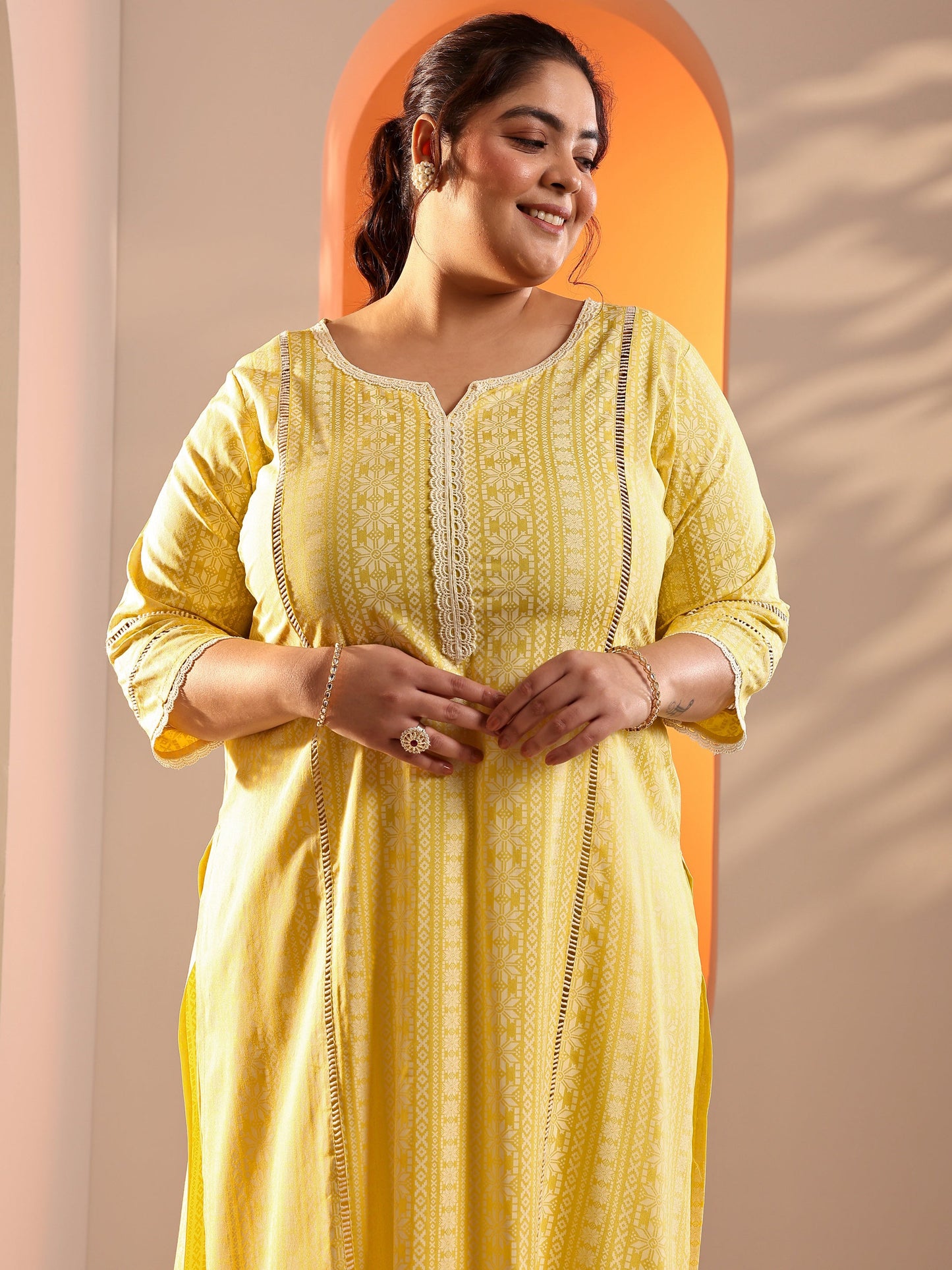 Plus Size Yellow Printed Rayon Straight Suit Set With Dupatta