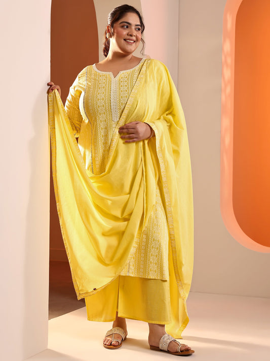 Plus Size Yellow Printed Rayon Straight Suit Set With Dupatta