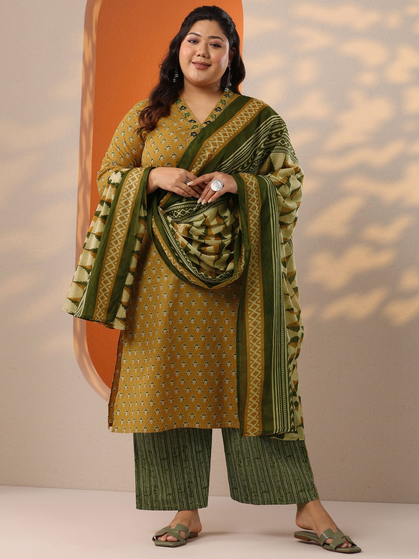 Plus Size Mustard Printed Cotton Straight Suit Set With Dupatta