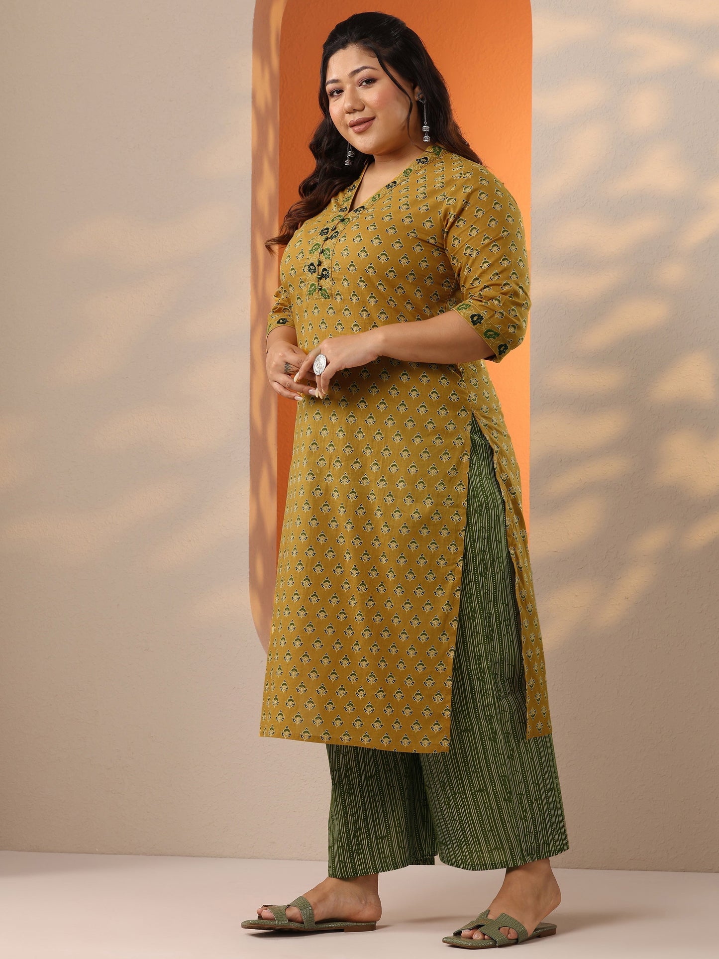 Plus Size Mustard Printed Cotton Straight Suit Set With Dupatta