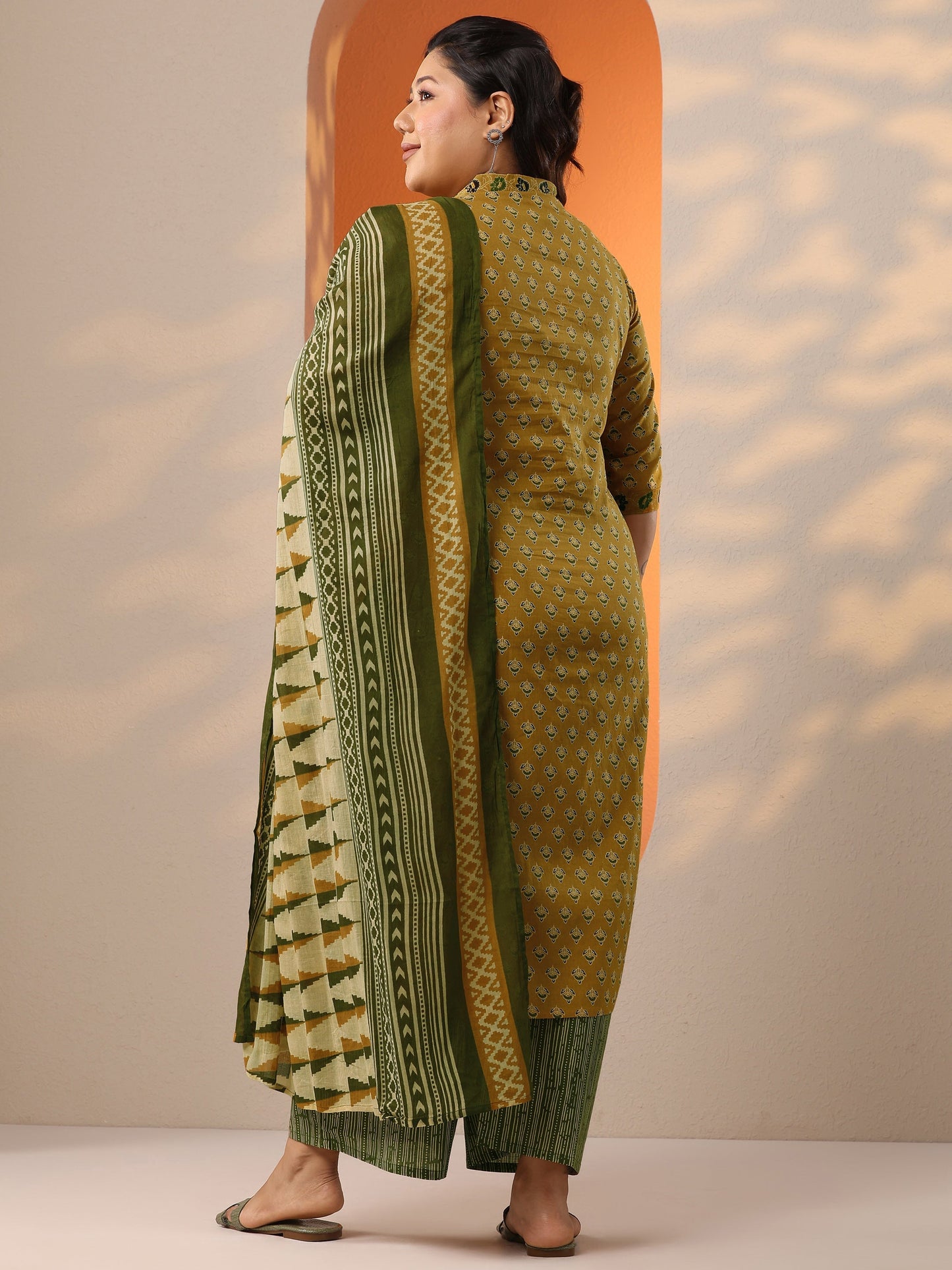Plus Size Mustard Printed Cotton Straight Suit Set With Dupatta