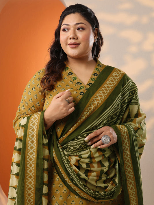 Plus Size Mustard Printed Cotton Straight Suit Set With Dupatta