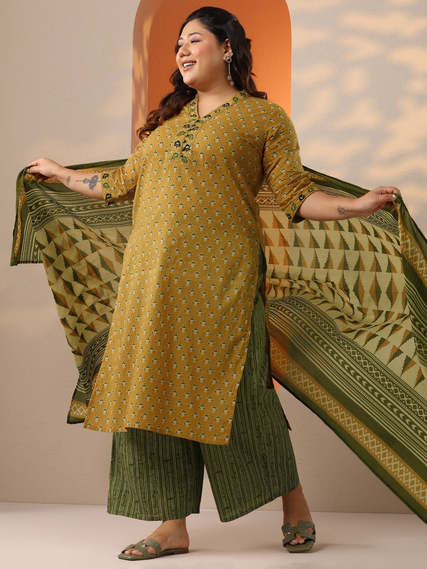 Plus Size Mustard Printed Cotton Straight Suit Set With Dupatta