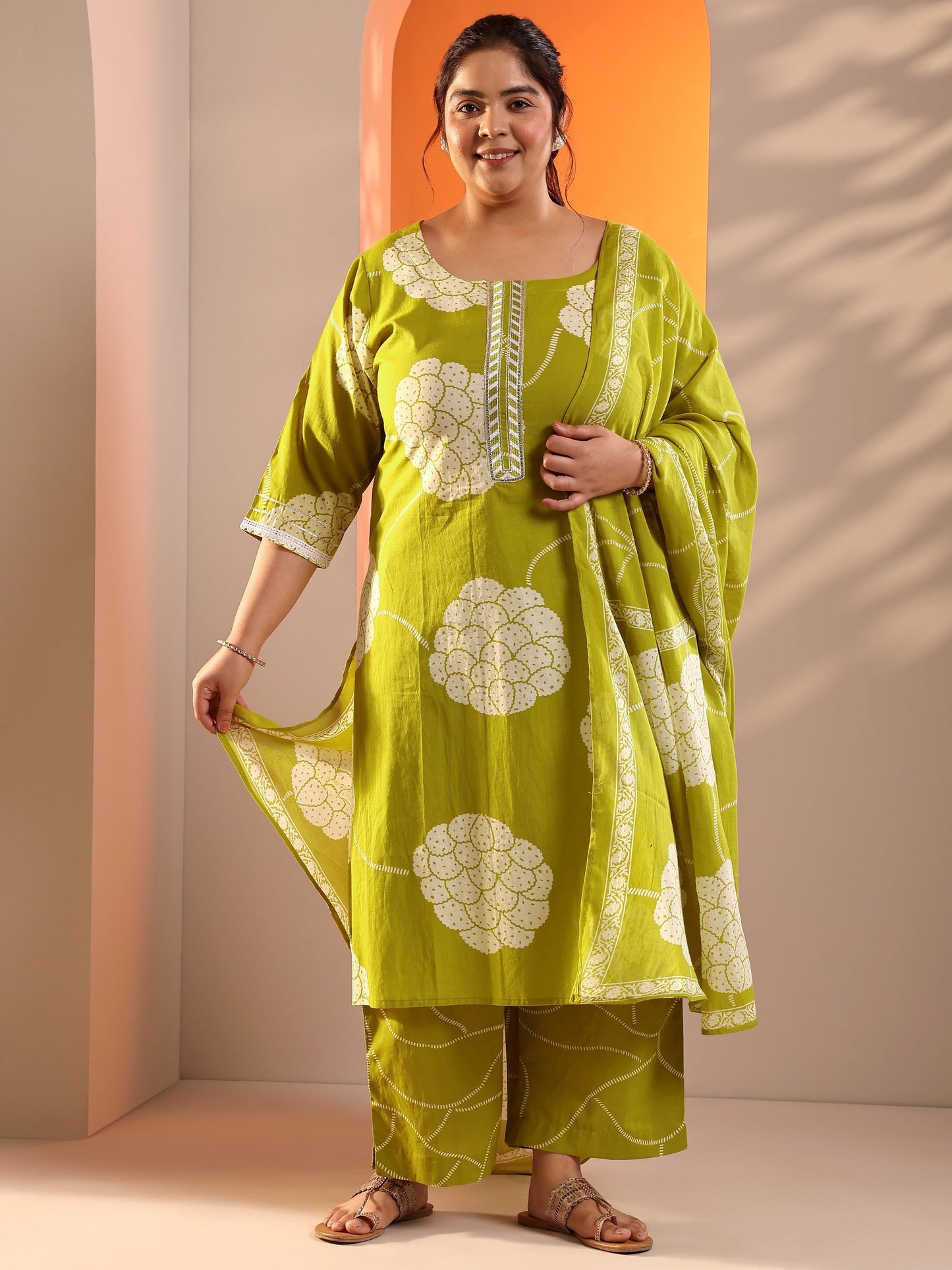 Plus Size Green Printed Cotton Straight Suit Set With Dupatta