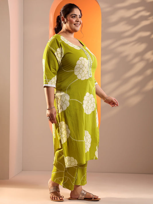 Plus Size Green Printed Cotton Straight Suit Set With Dupatta