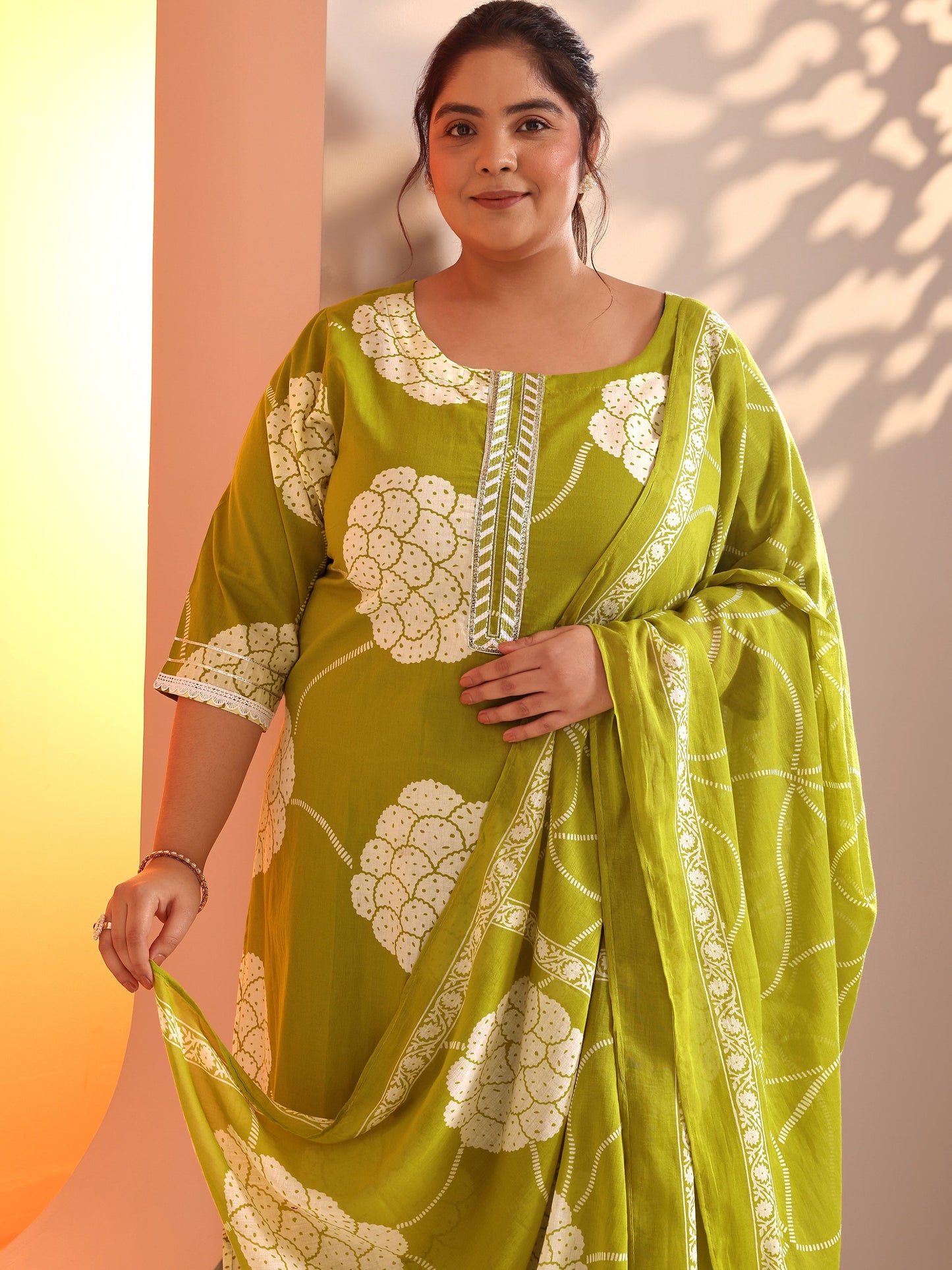 Plus Size Green Printed Cotton Straight Suit Set With Dupatta