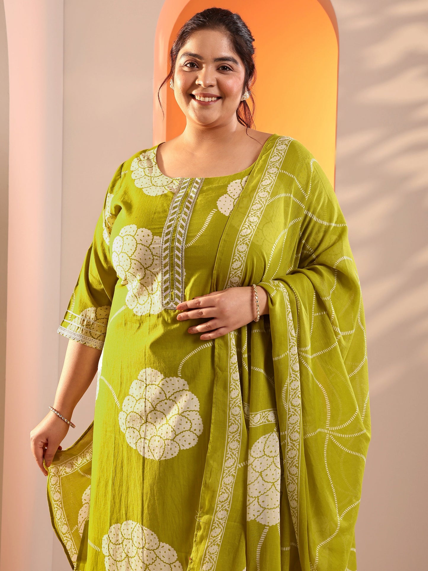 Plus Size Green Printed Cotton Straight Suit Set With Dupatta