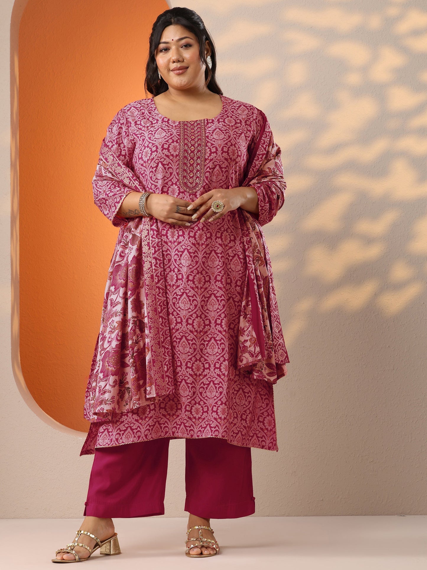 Plus Size Pink Printed Silk Blend Straight Suit Set With Dupatta