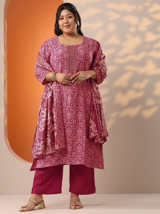 Plus Size Pink Printed Silk Blend Straight Suit Set With Dupatta