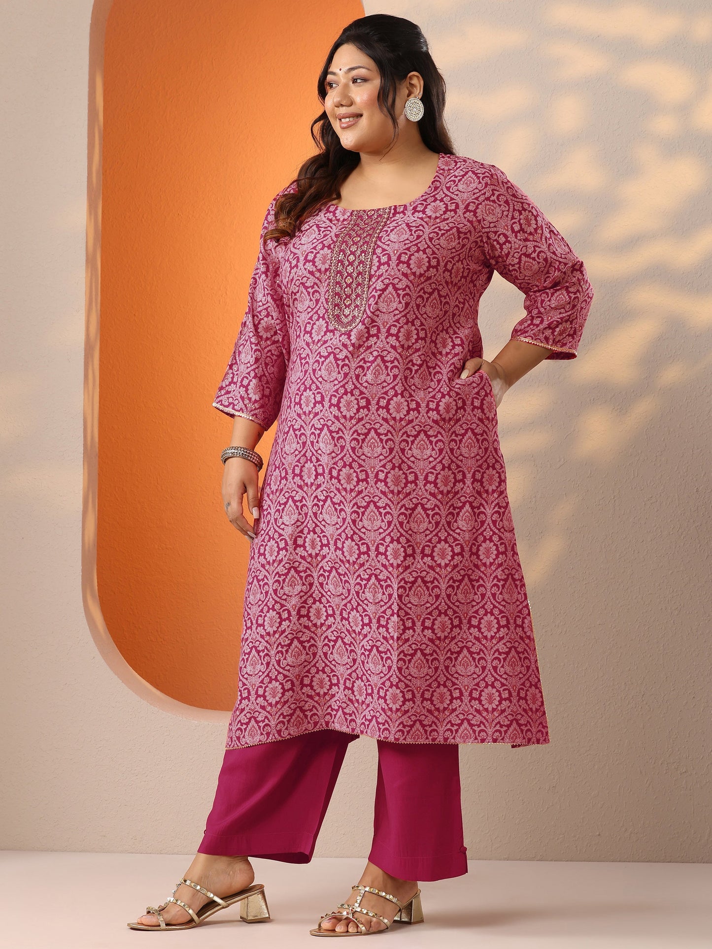 Plus Size Pink Printed Silk Blend Straight Suit Set With Dupatta