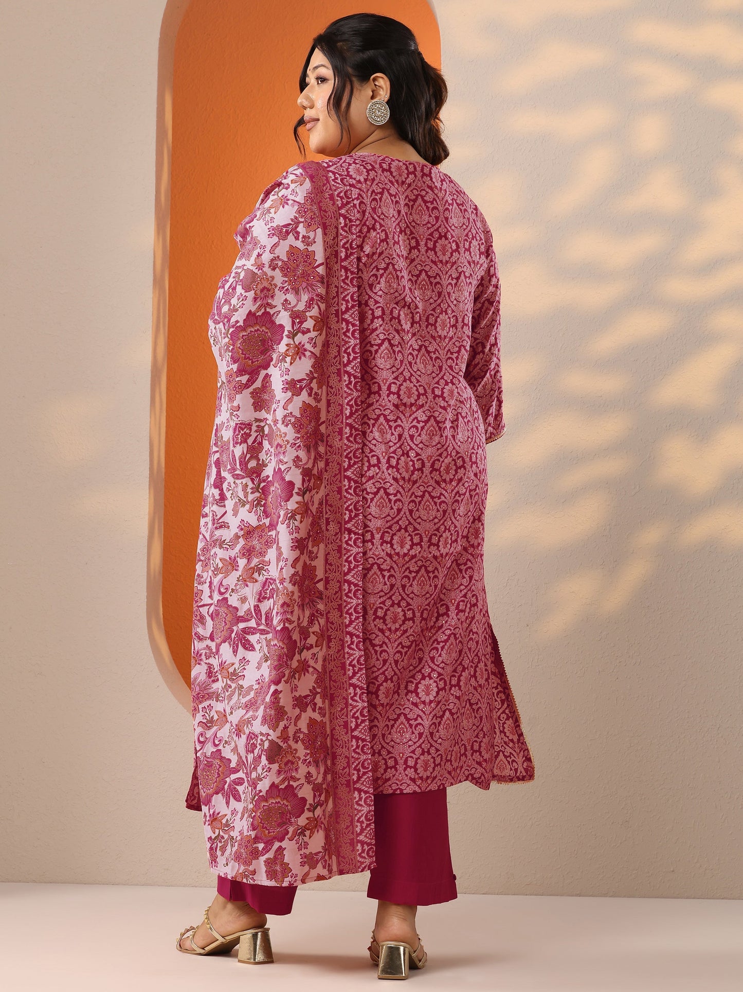 Plus Size Pink Printed Silk Blend Straight Suit Set With Dupatta