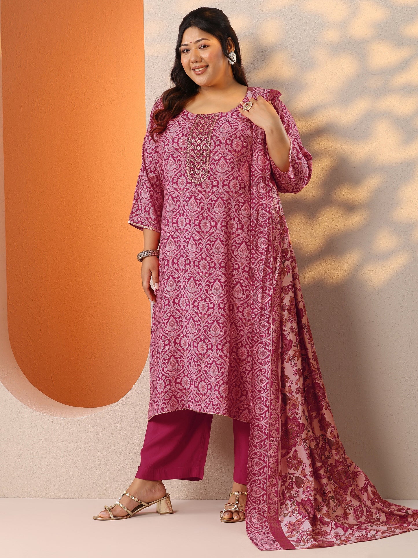 Plus Size Pink Printed Silk Blend Straight Suit Set With Dupatta
