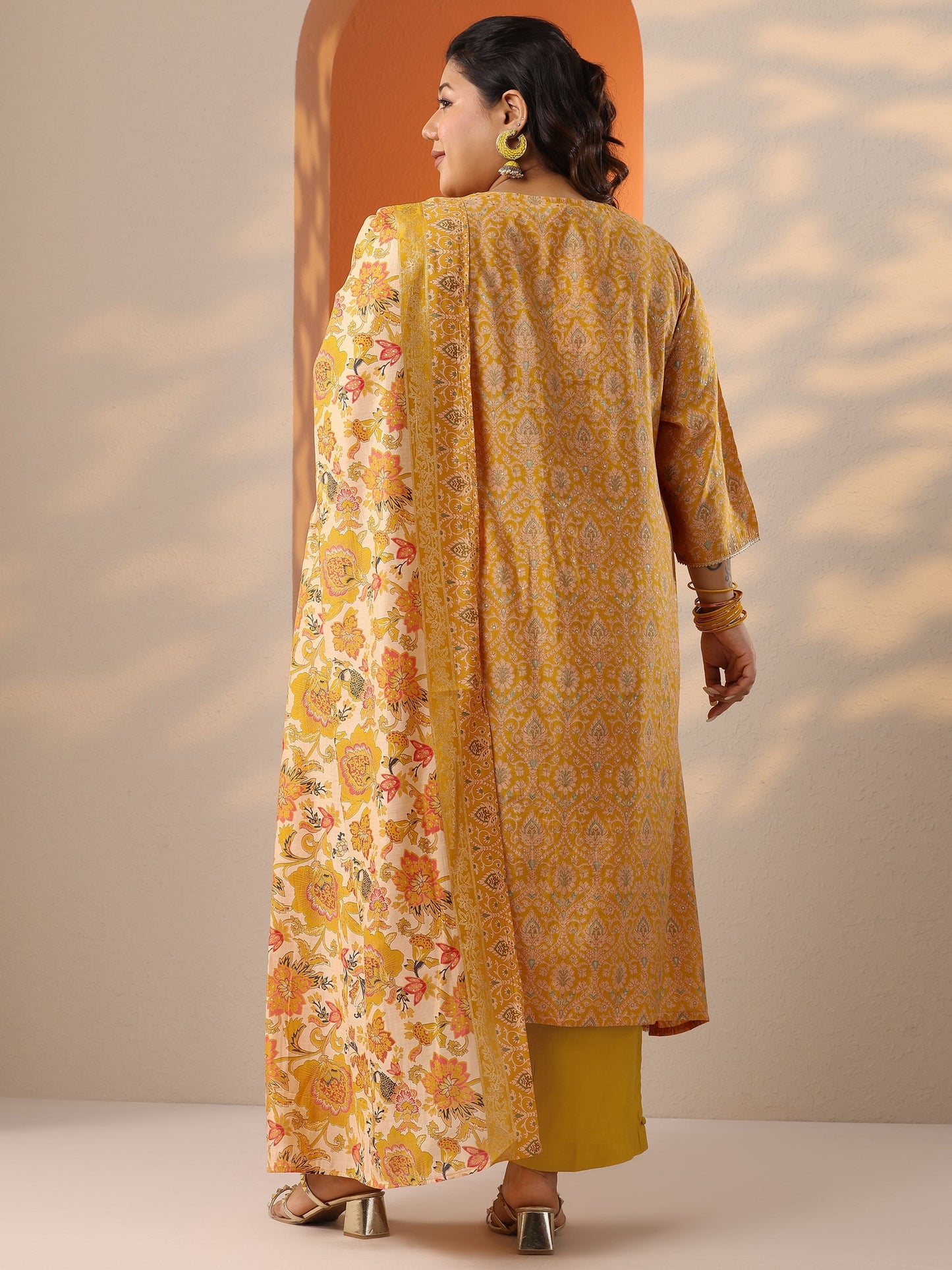 Plus Size Mustard Printed Silk Blend Straight Suit Set With Dupatta