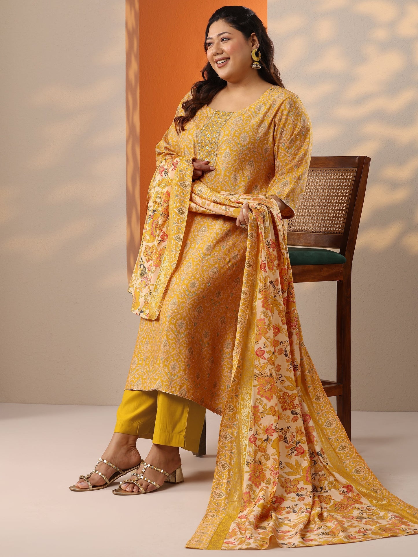 Plus Size Mustard Printed Silk Blend Straight Suit Set With Dupatta
