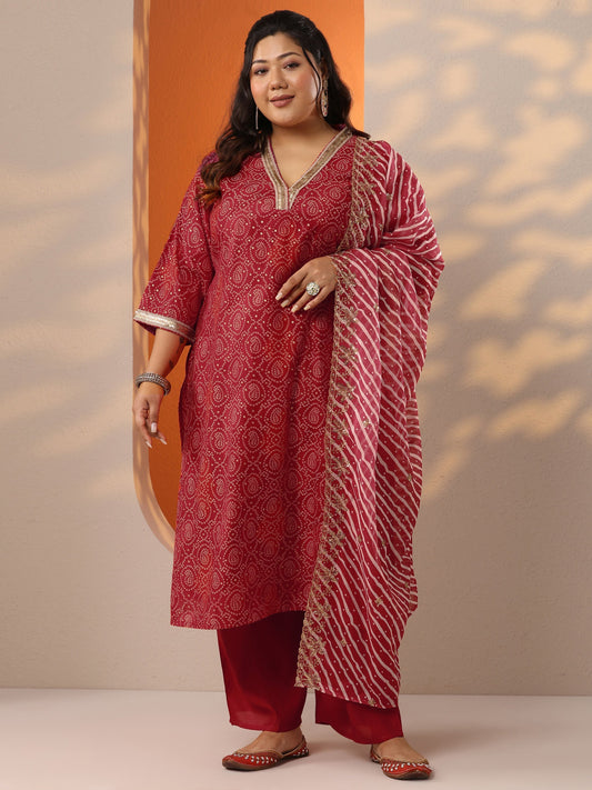 Plus Size Red Printed Silk Blend Straight Suit Set With Dupatta