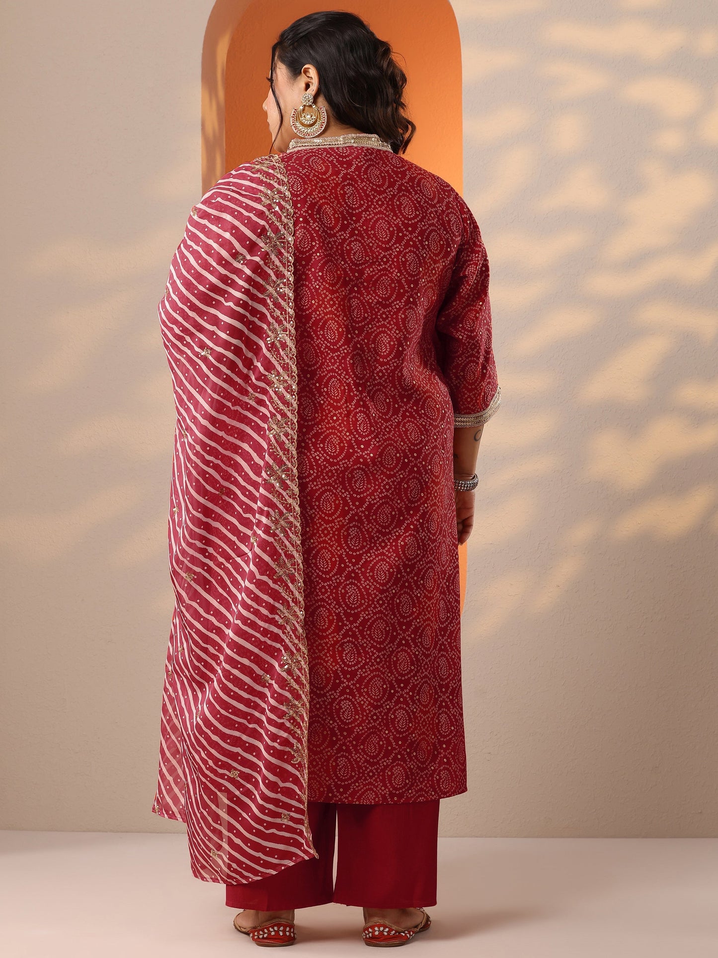 Plus Size Red Printed Silk Blend Straight Suit Set With Dupatta