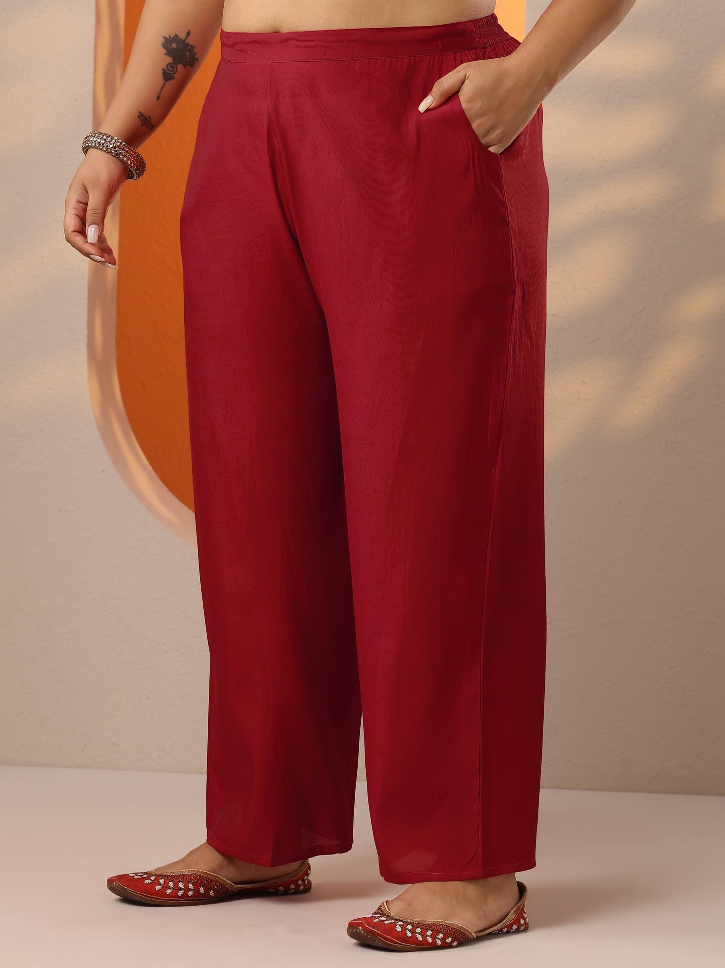 Plus Size Red Printed Silk Blend Straight Suit Set With Dupatta