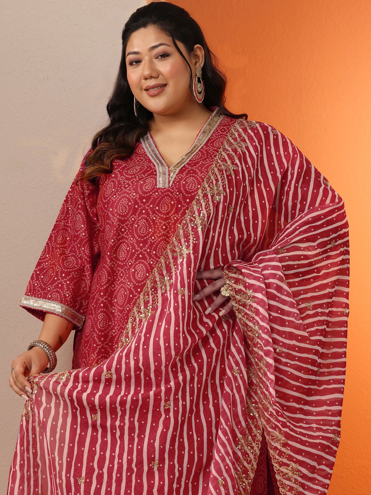Plus Size Red Printed Silk Blend Straight Suit Set With Dupatta