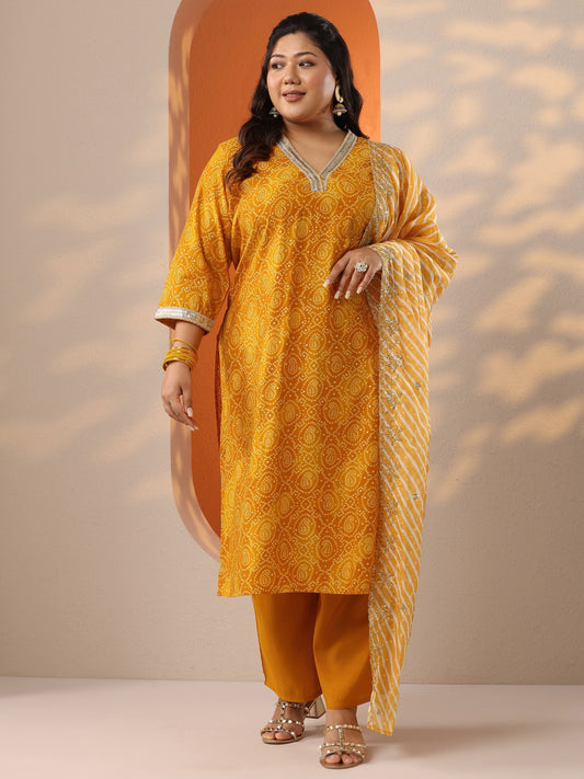 Plus Size Yellow Printed Silk Blend Straight Suit Set With Dupatta