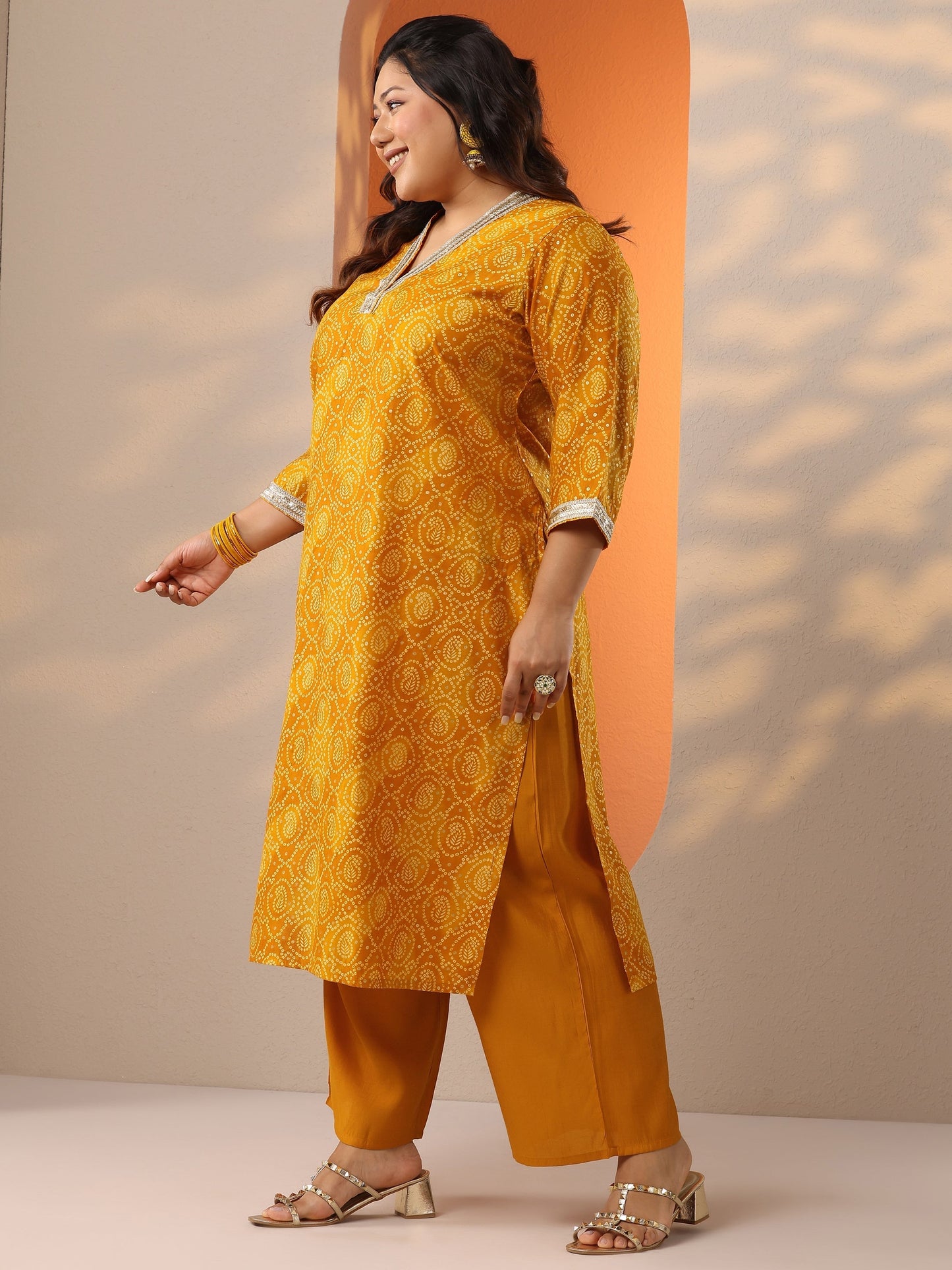 Plus Size Yellow Printed Silk Blend Straight Suit Set With Dupatta