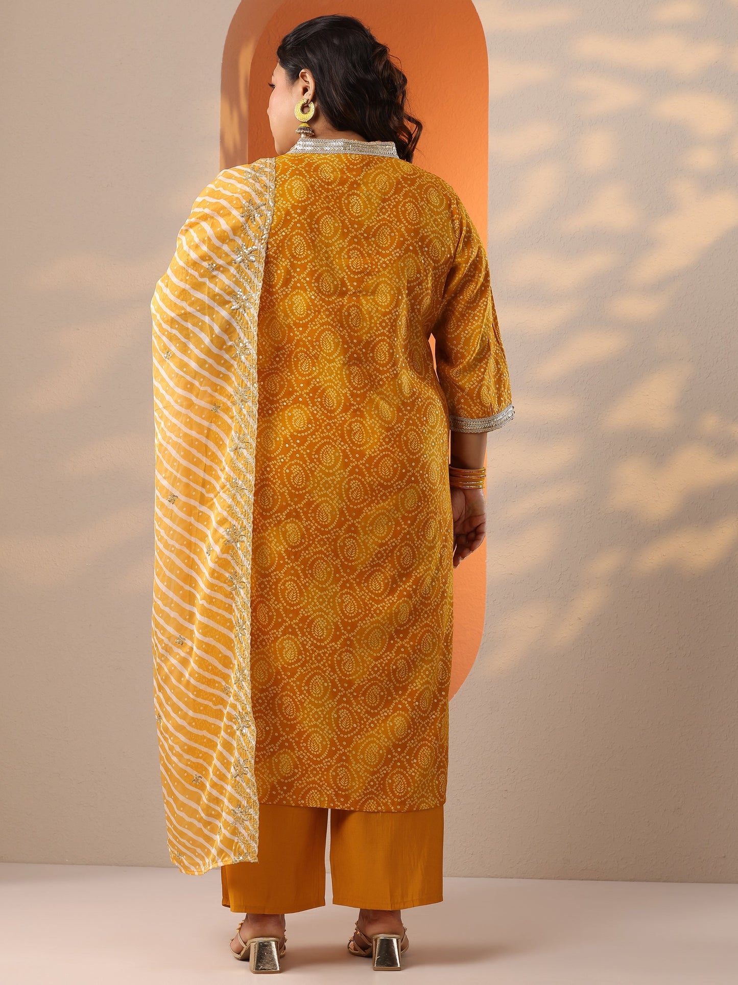 Plus Size Yellow Printed Silk Blend Straight Suit Set With Dupatta