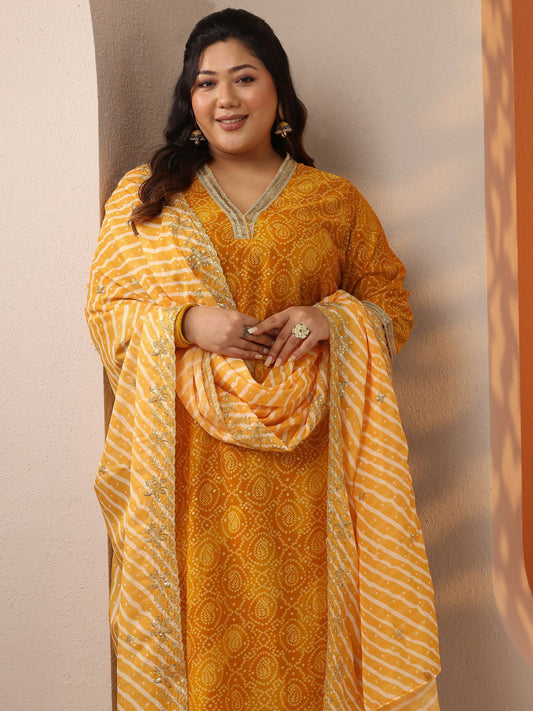 Plus Size Yellow Printed Silk Blend Straight Suit Set With Dupatta