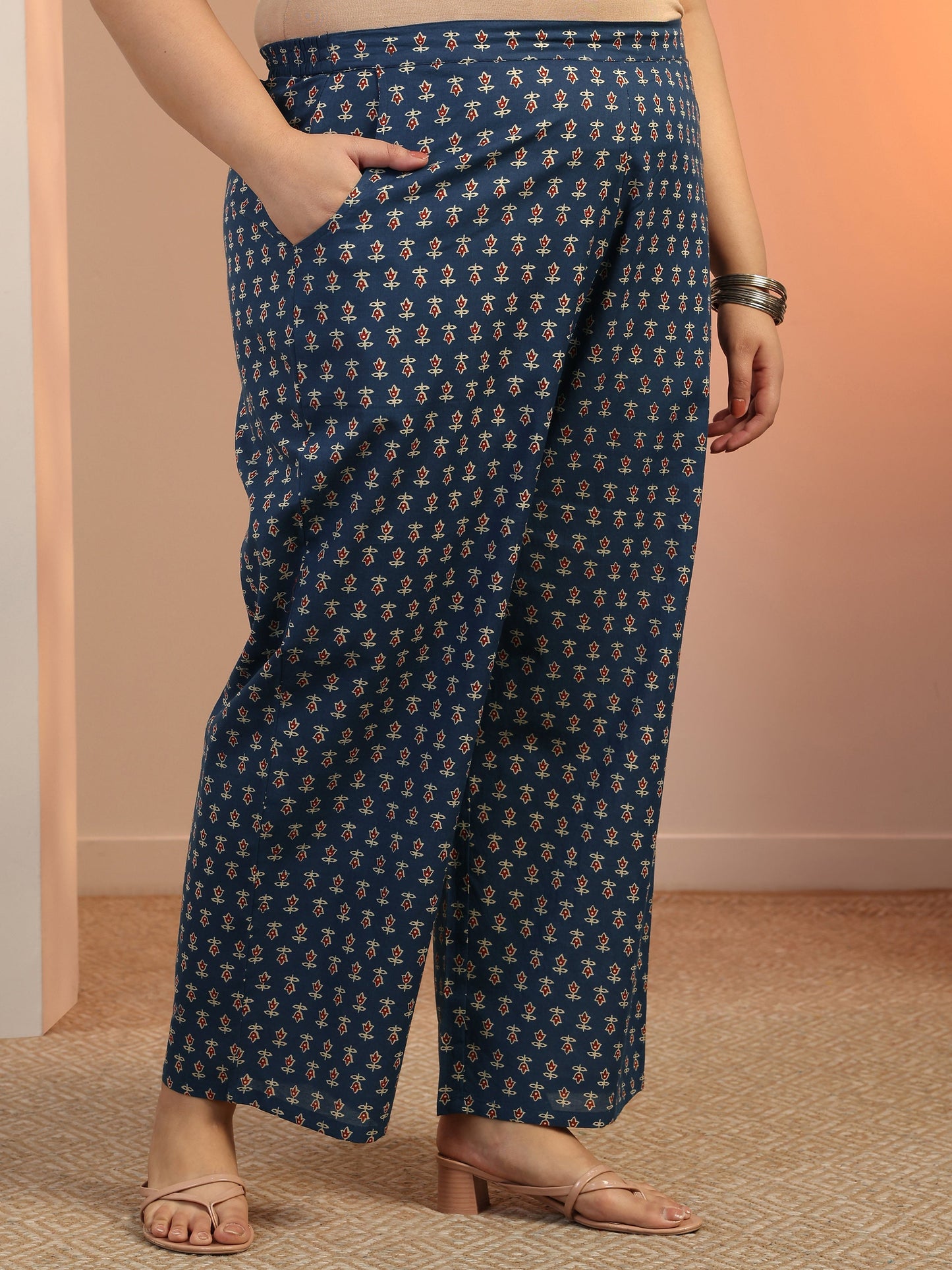 Plus Size Blue Printed Cotton Straight Kurta Set