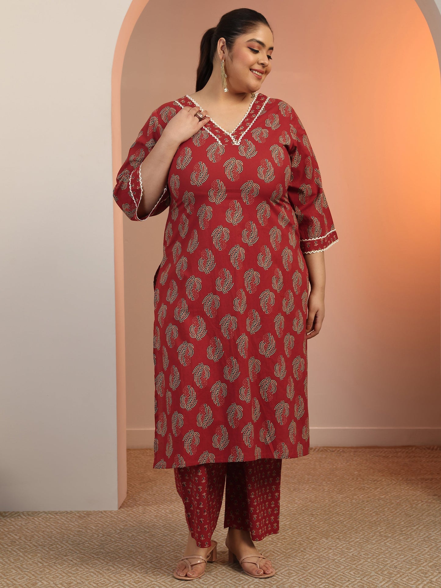 Plus Size Maroon Printed Cotton Straight Kurta Set