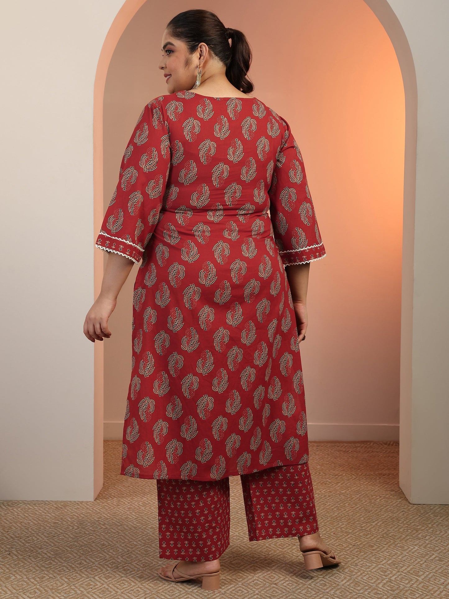 Plus Size Maroon Printed Cotton Straight Kurta Set
