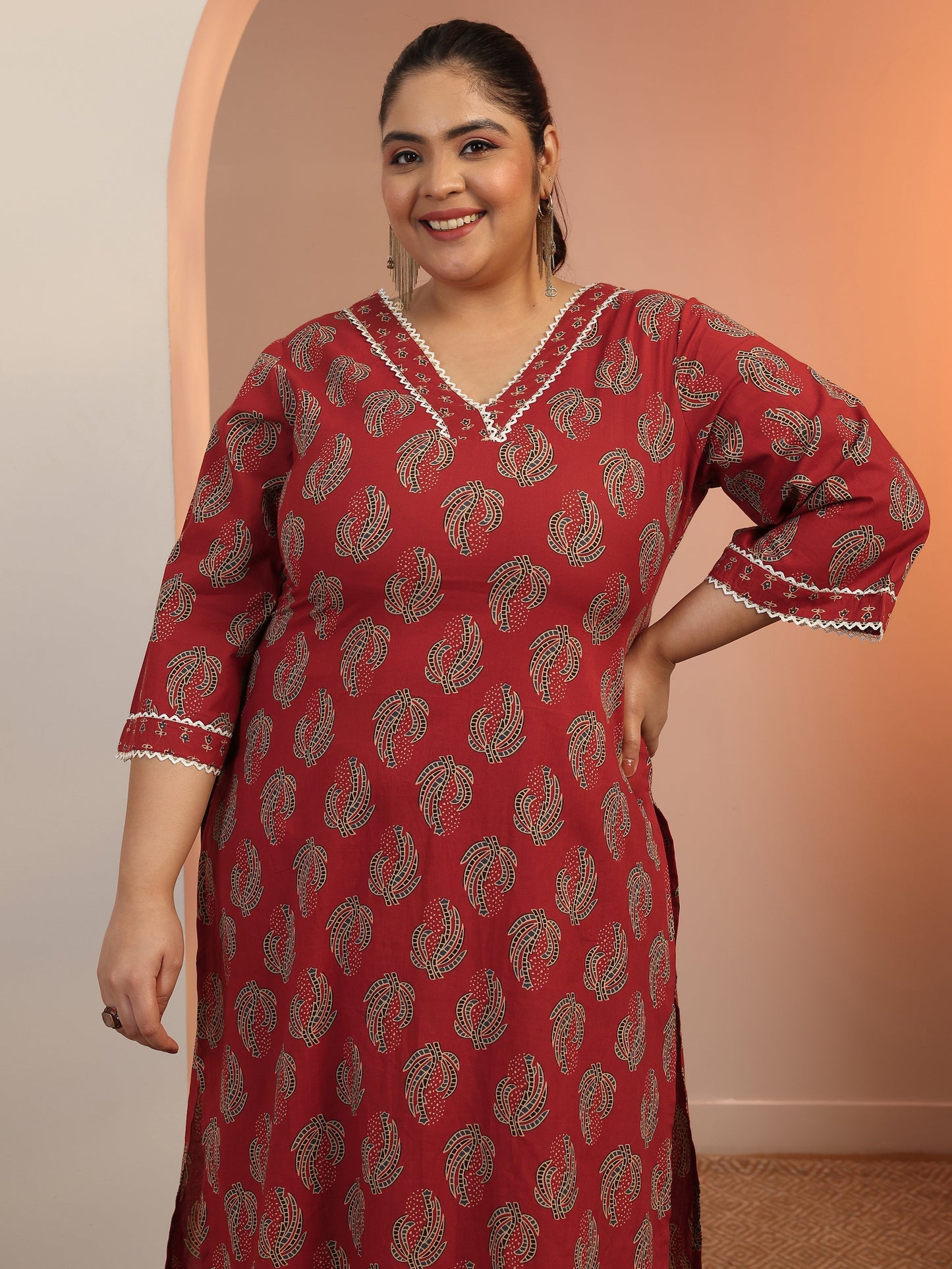 Plus Size Maroon Printed Cotton Straight Kurta Set