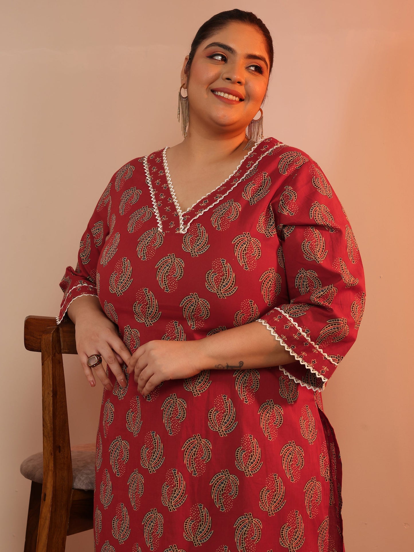 Plus Size Maroon Printed Cotton Straight Kurta Set