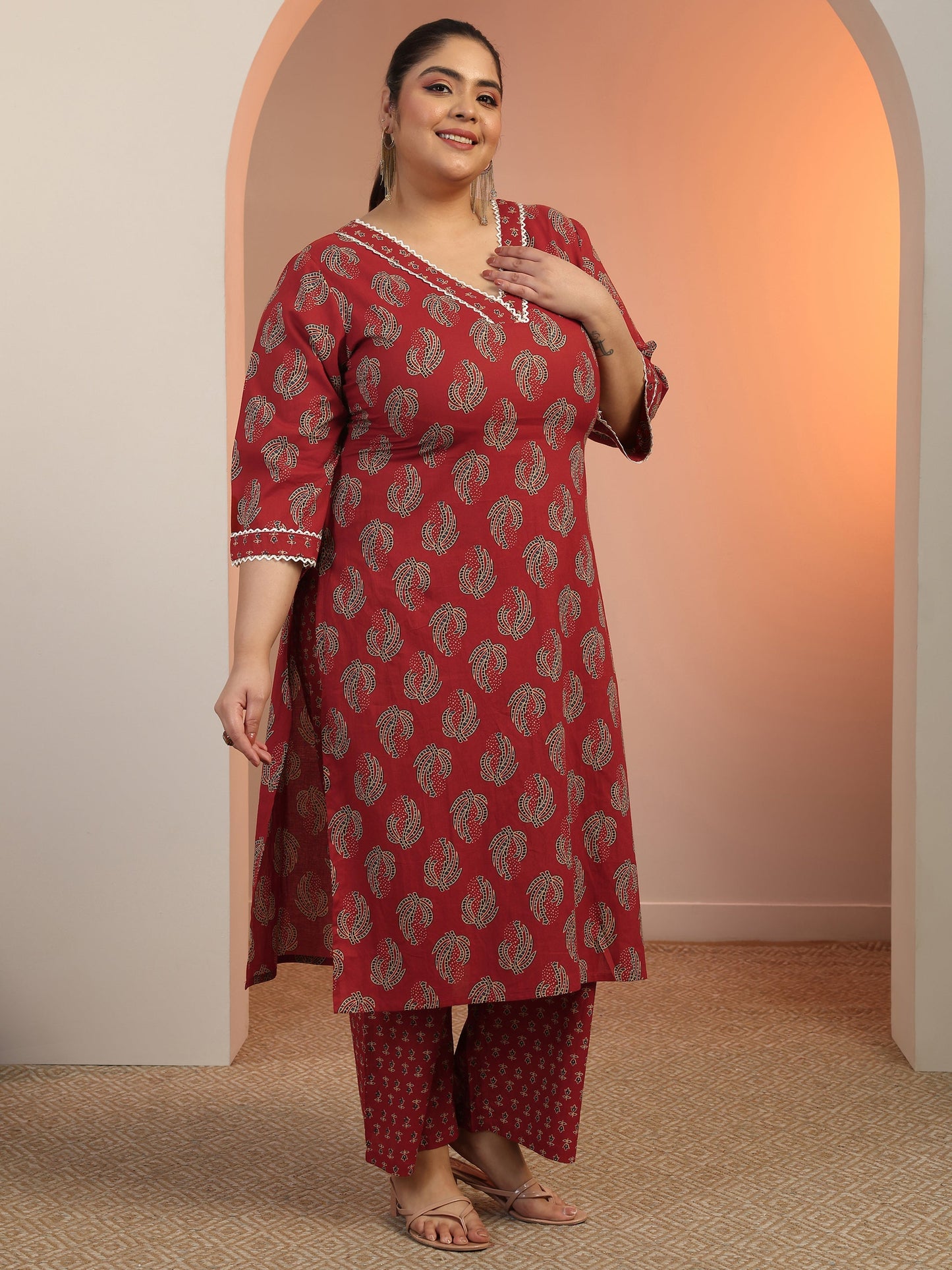 Plus Size Maroon Printed Cotton Straight Kurta Set