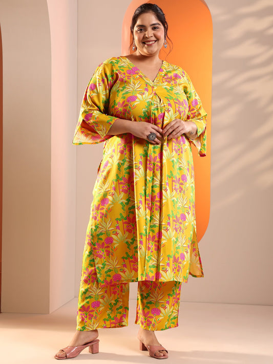 Plus Size Yellow Printed Rayon Co-Ord Sets