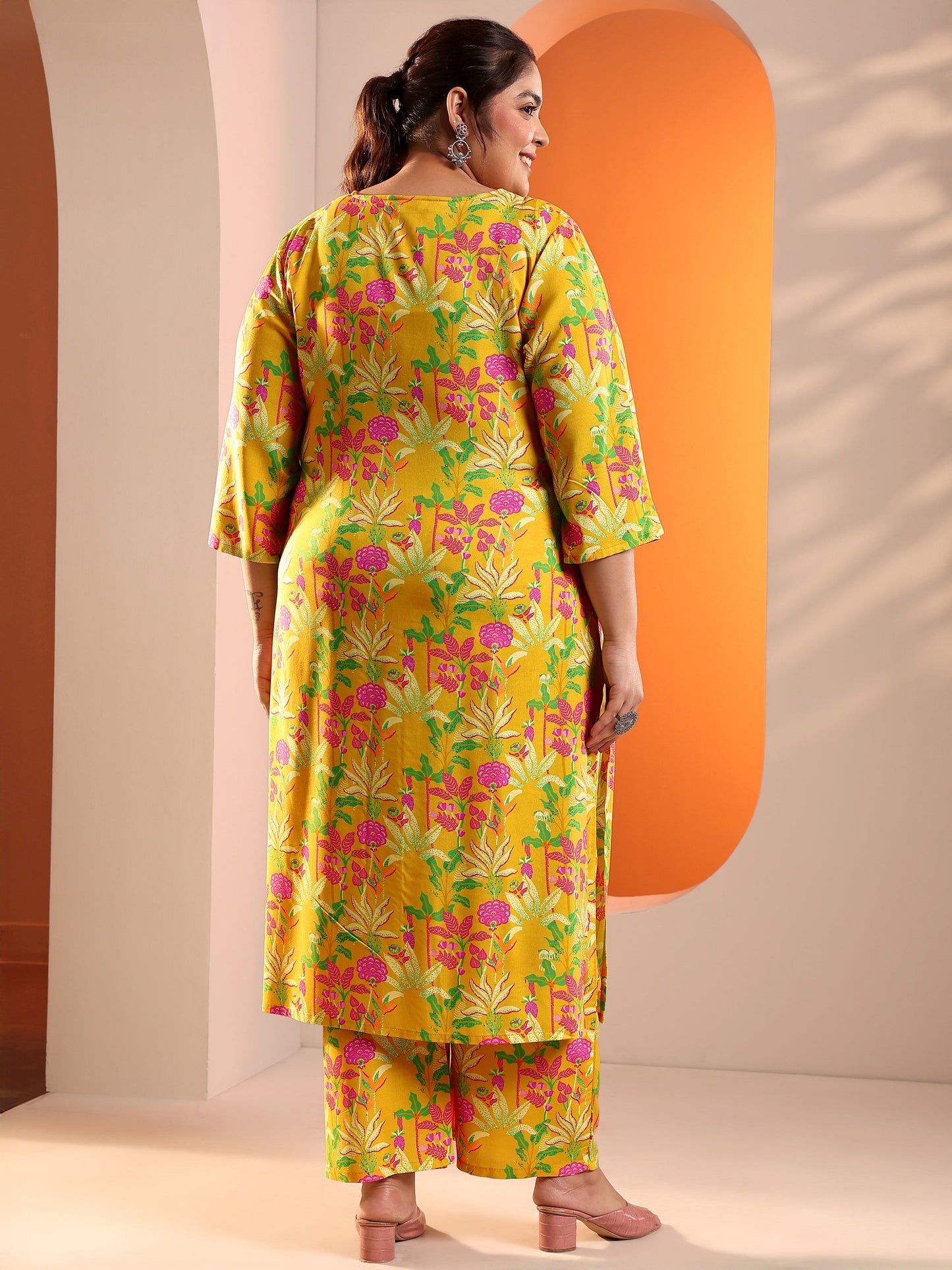 Plus Size Yellow Printed Rayon Co-Ord Sets