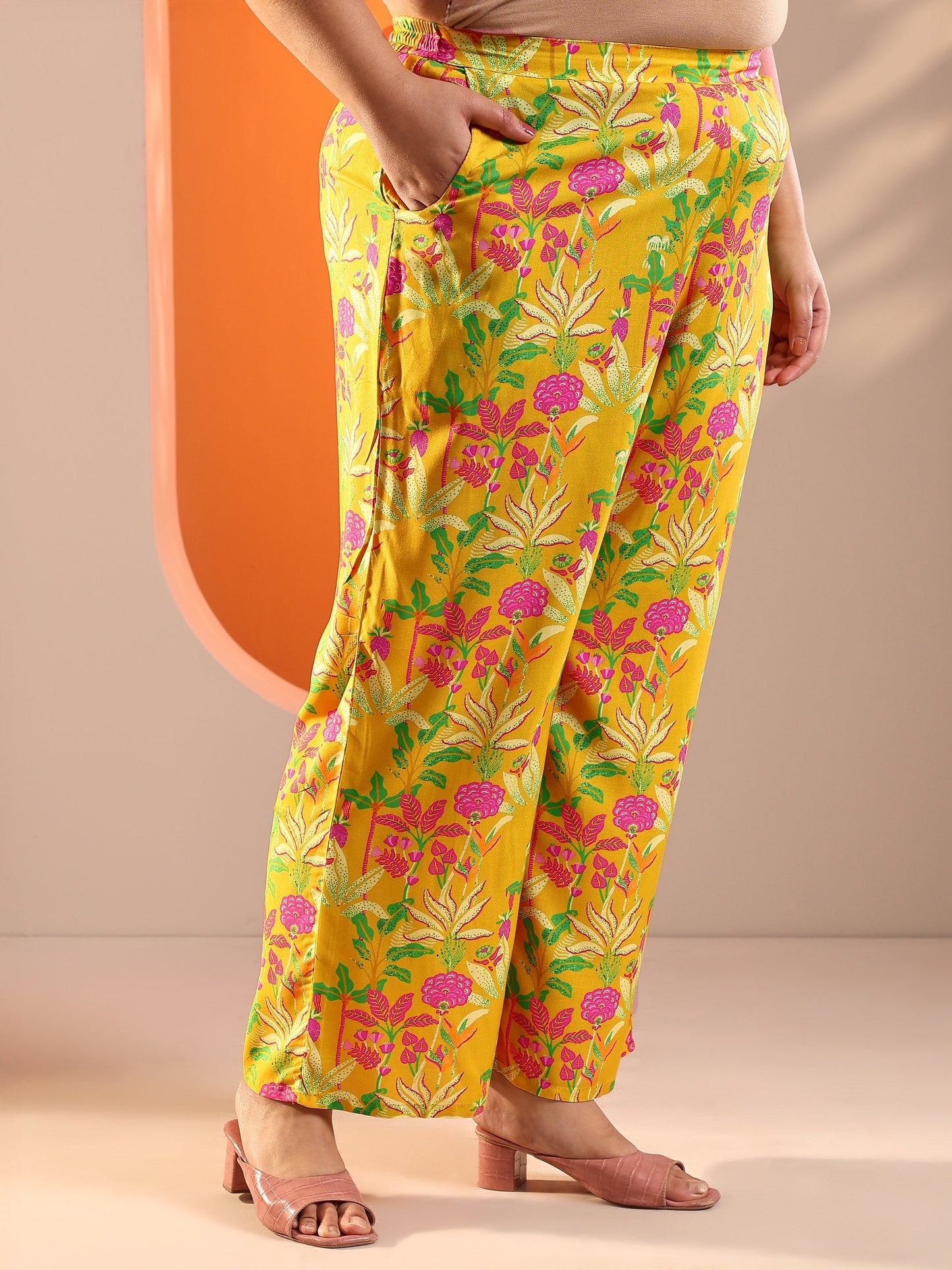 Plus Size Yellow Printed Rayon Co-Ord Sets