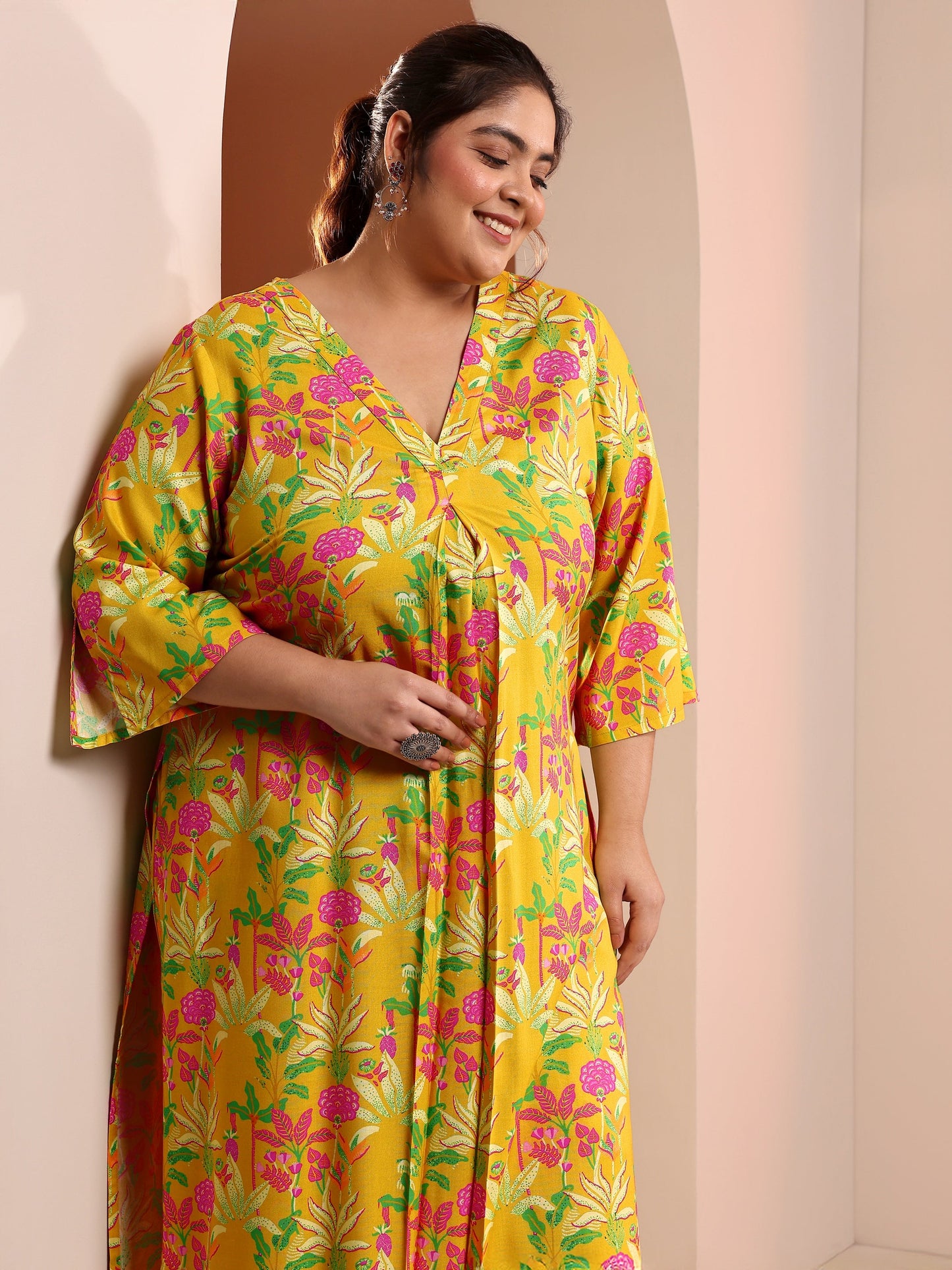 Plus Size Yellow Printed Rayon Co-Ord Sets