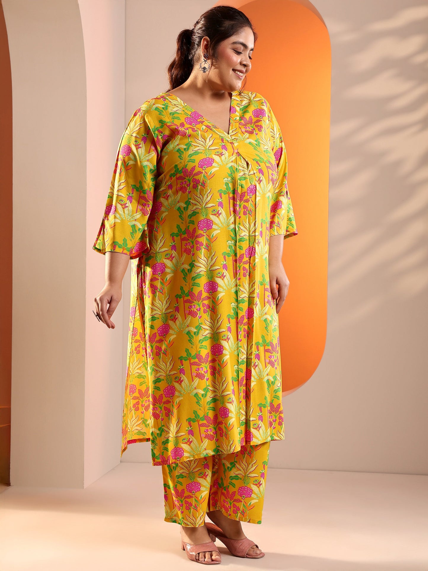 Plus Size Yellow Printed Rayon Co-Ord Sets
