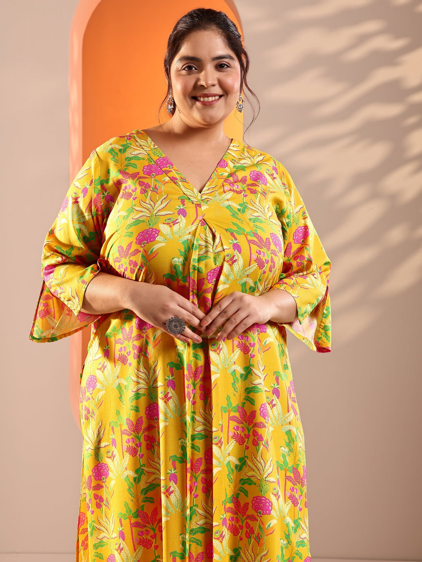 Plus Size Yellow Printed Rayon Co-Ord Sets