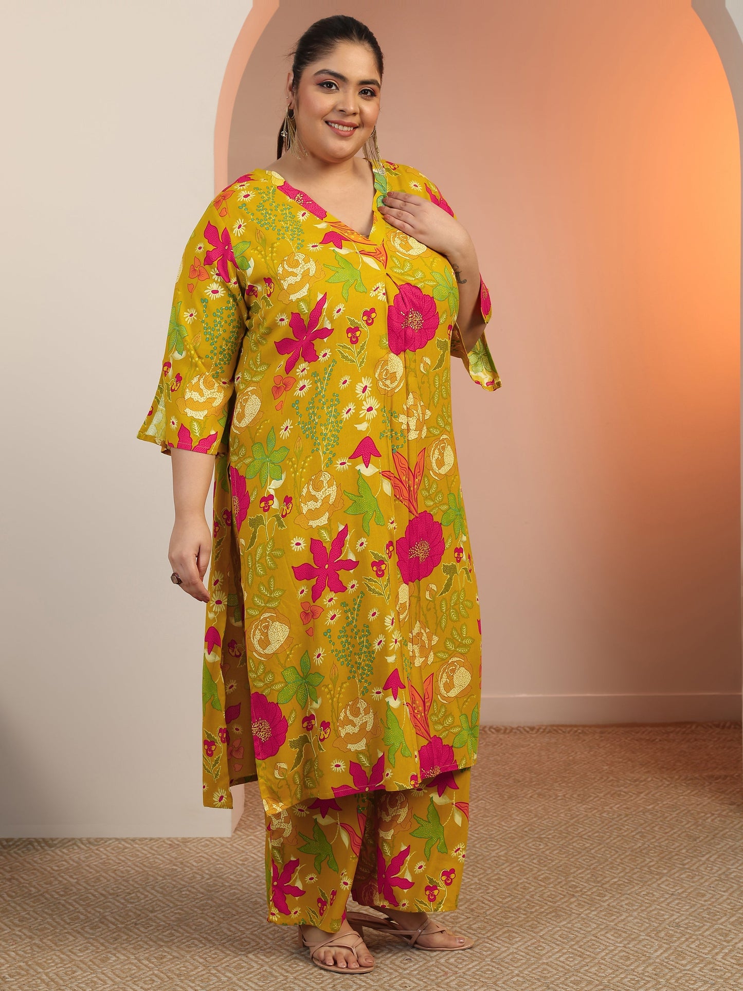 Plus Size Mustard Printed Rayon Co-Ord Sets