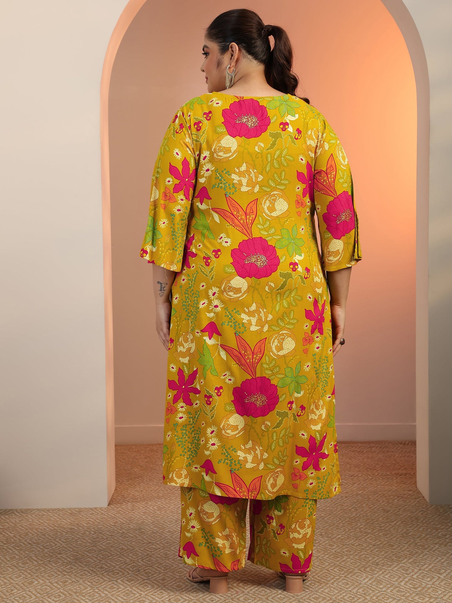 Plus Size Mustard Printed Rayon Co-Ord Sets