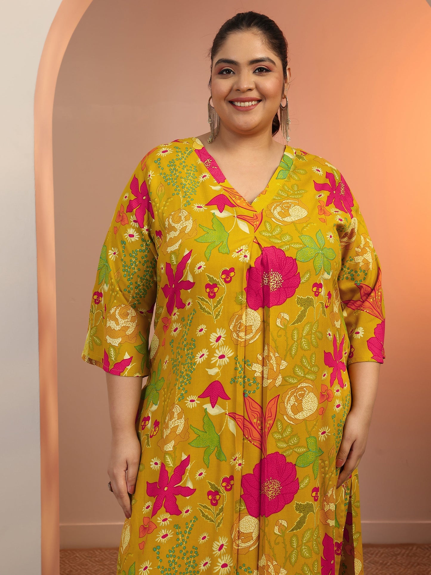 Plus Size Mustard Printed Rayon Co-Ord Sets