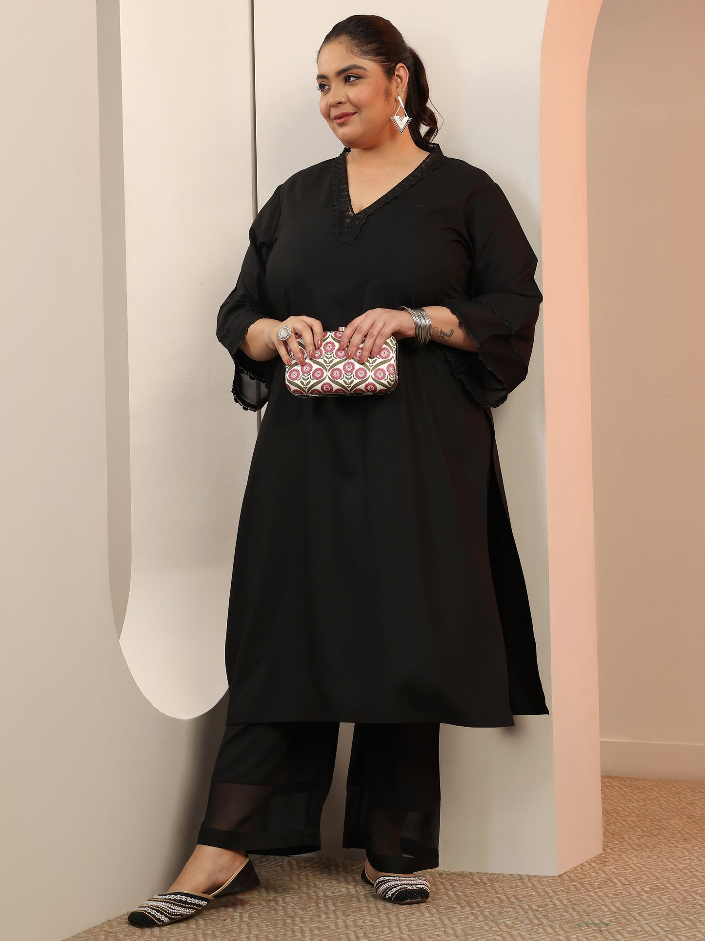 Plus Size Black Embellished Rayon Co-Ord Sets