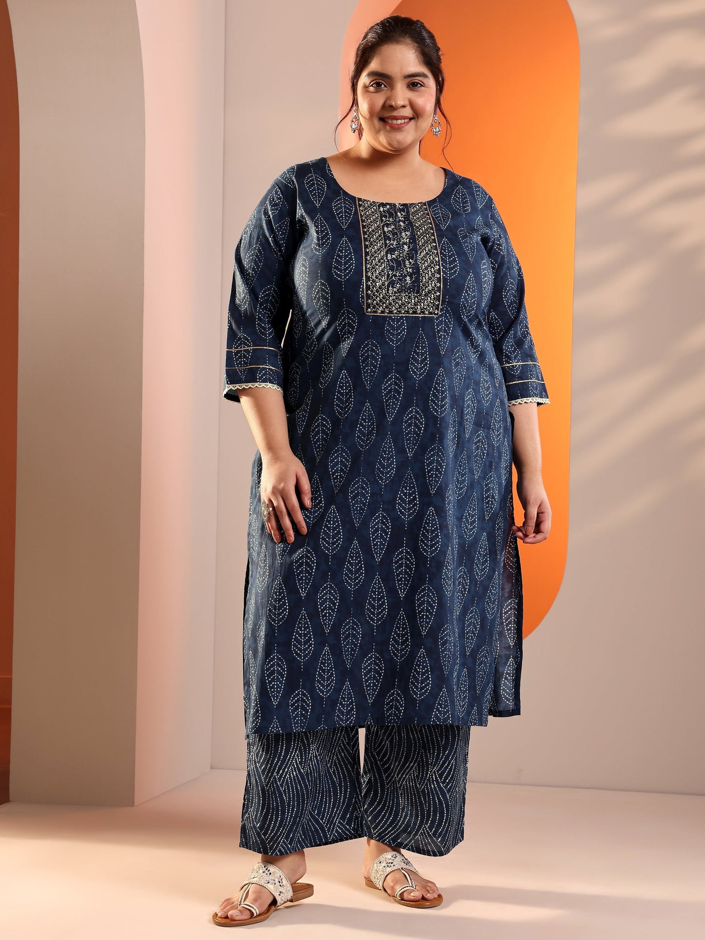 Plus Size Blue Printed Cotton Straight Kurta Set