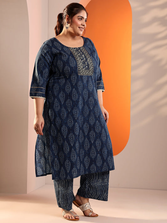 Plus Size Blue Printed Cotton Straight Kurta Set