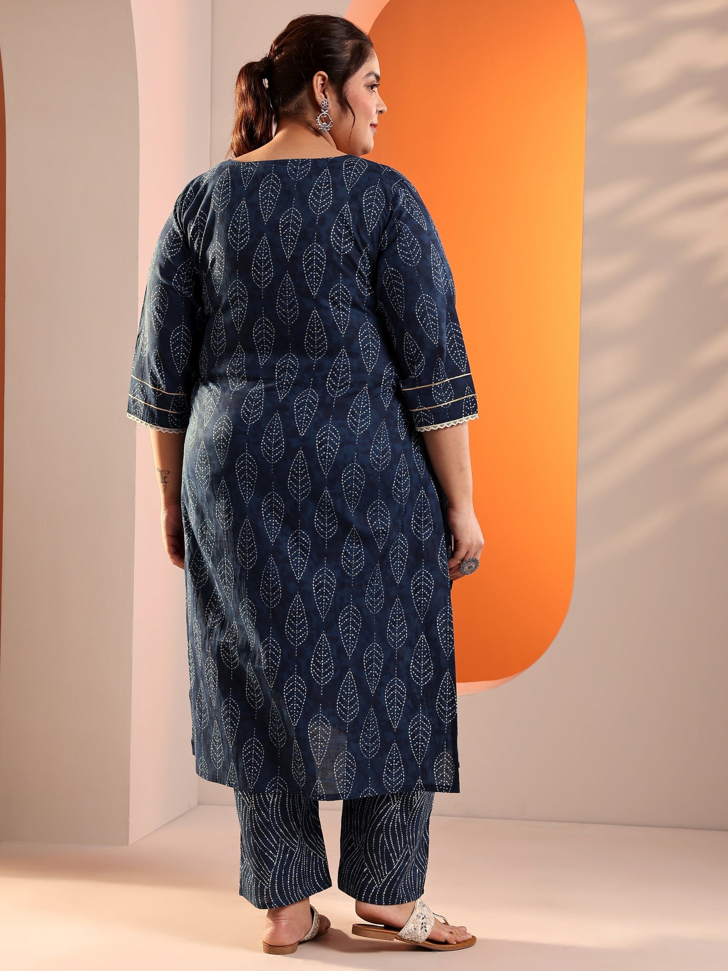 Plus Size Blue Printed Cotton Straight Kurta Set