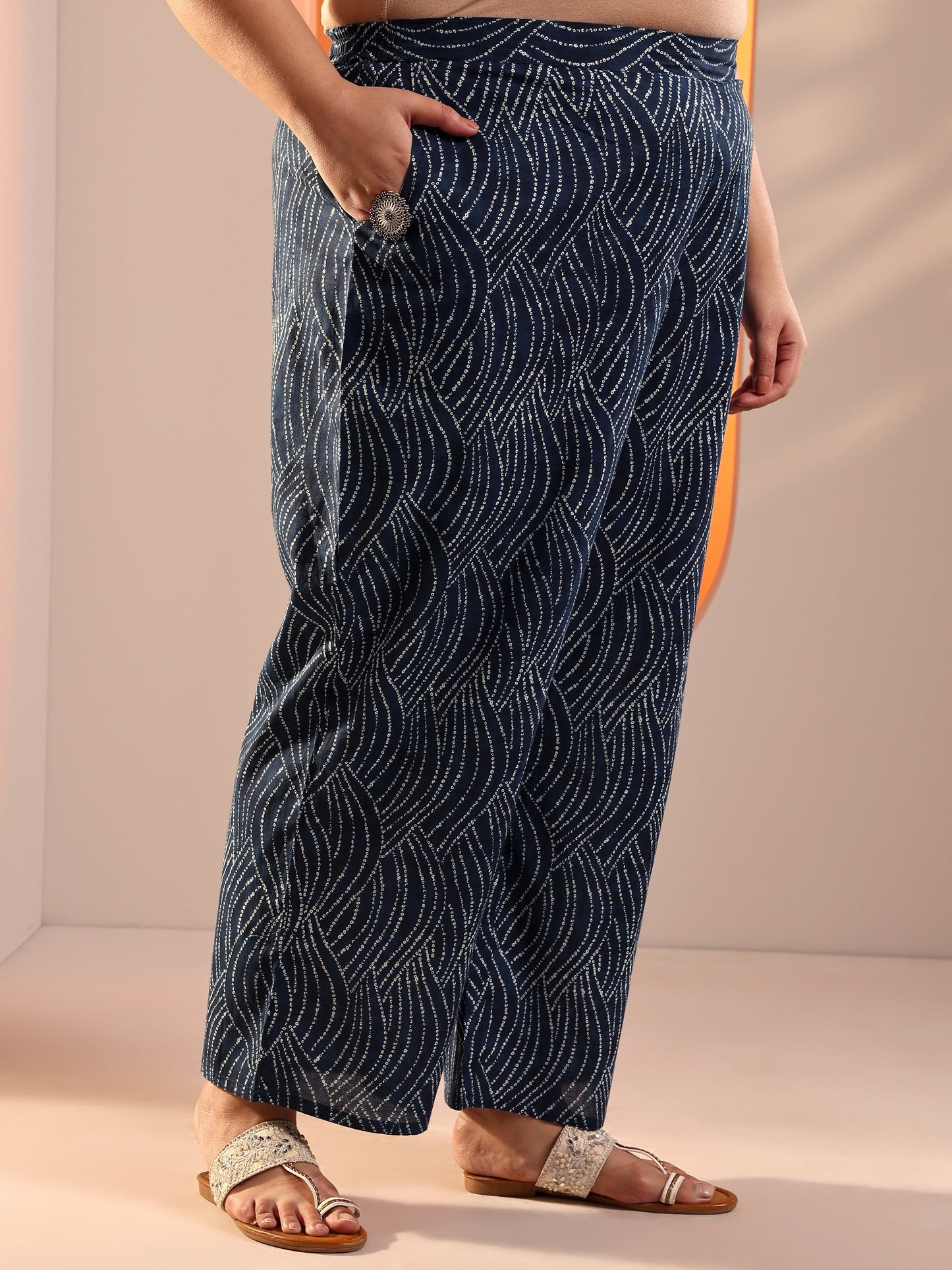 Plus Size Blue Printed Cotton Straight Kurta Set