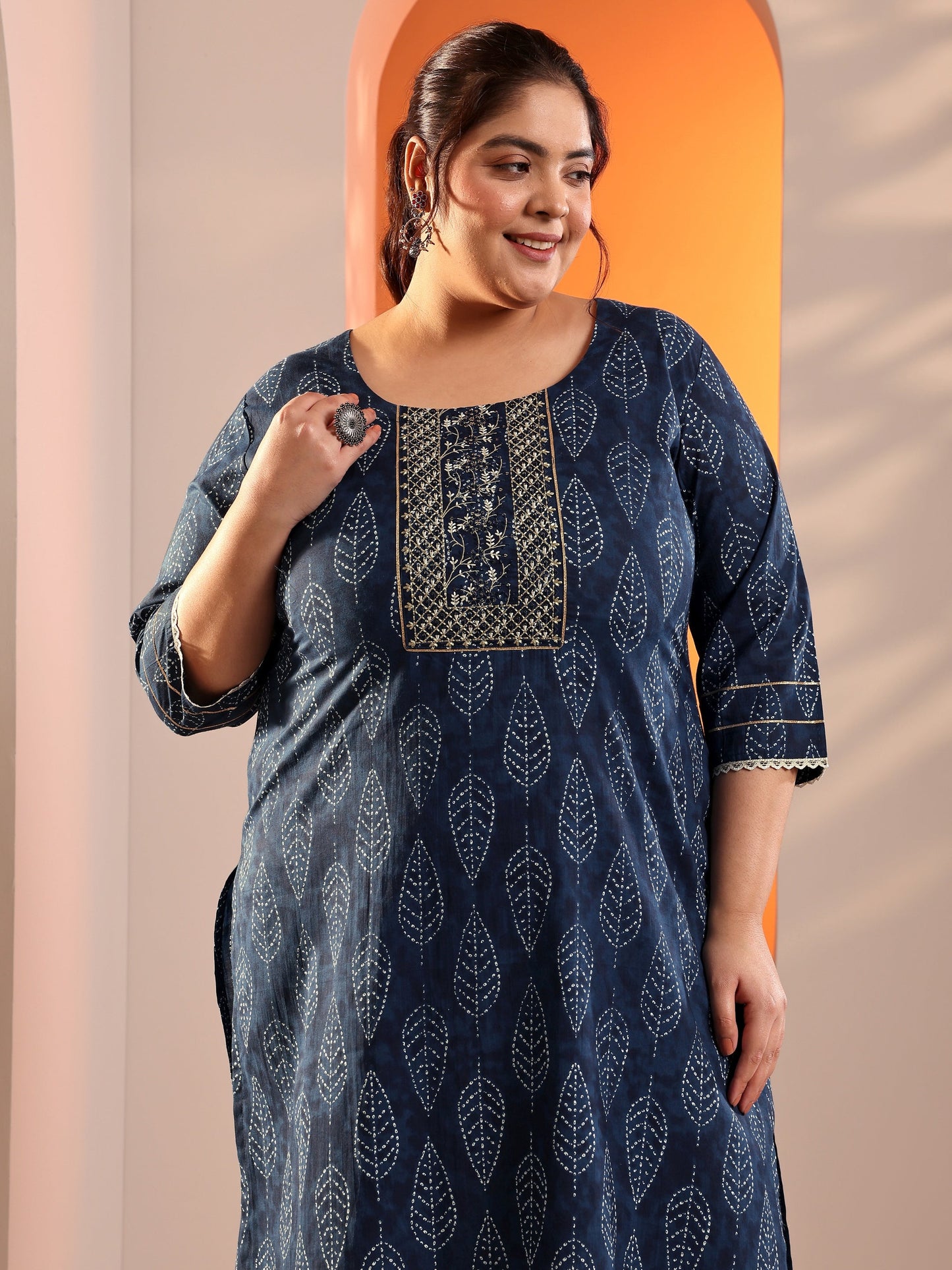 Plus Size Blue Printed Cotton Straight Kurta Set