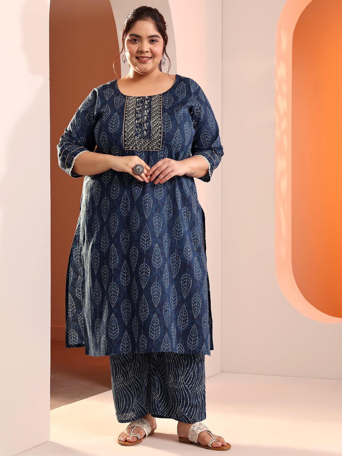Plus Size Blue Printed Cotton Straight Kurta Set