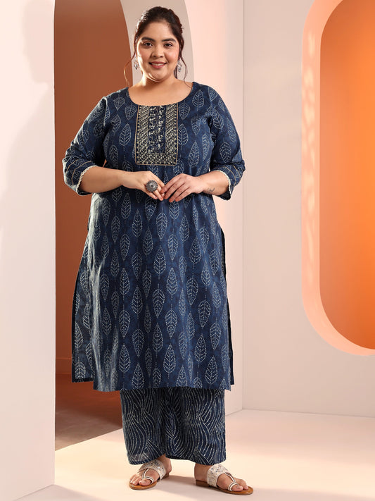 Plus Size Blue Printed Cotton Straight Kurta Set