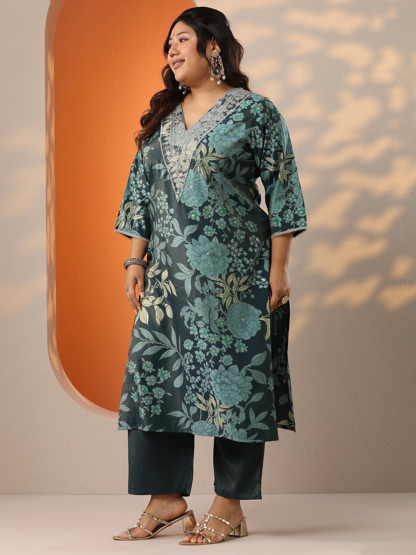 Plus Size Blue Printed Silk Blend Straight Suit Set With Dupatta